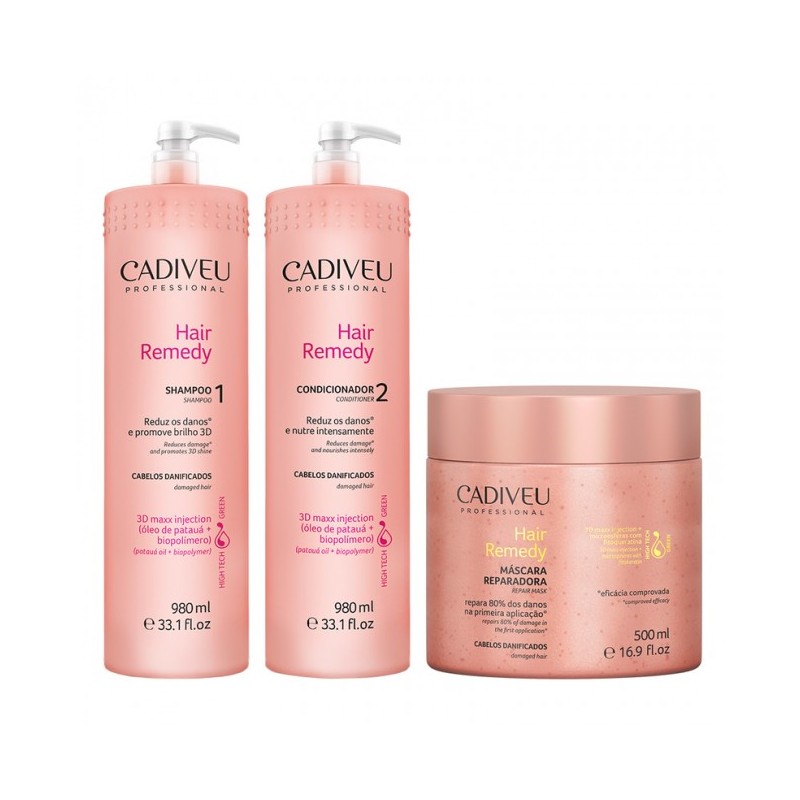 Cadiveu Hair Remedy - Kit Profissional 3 Produtos (Sh.+Cond.+Masc.)  Beautecombeleza.com