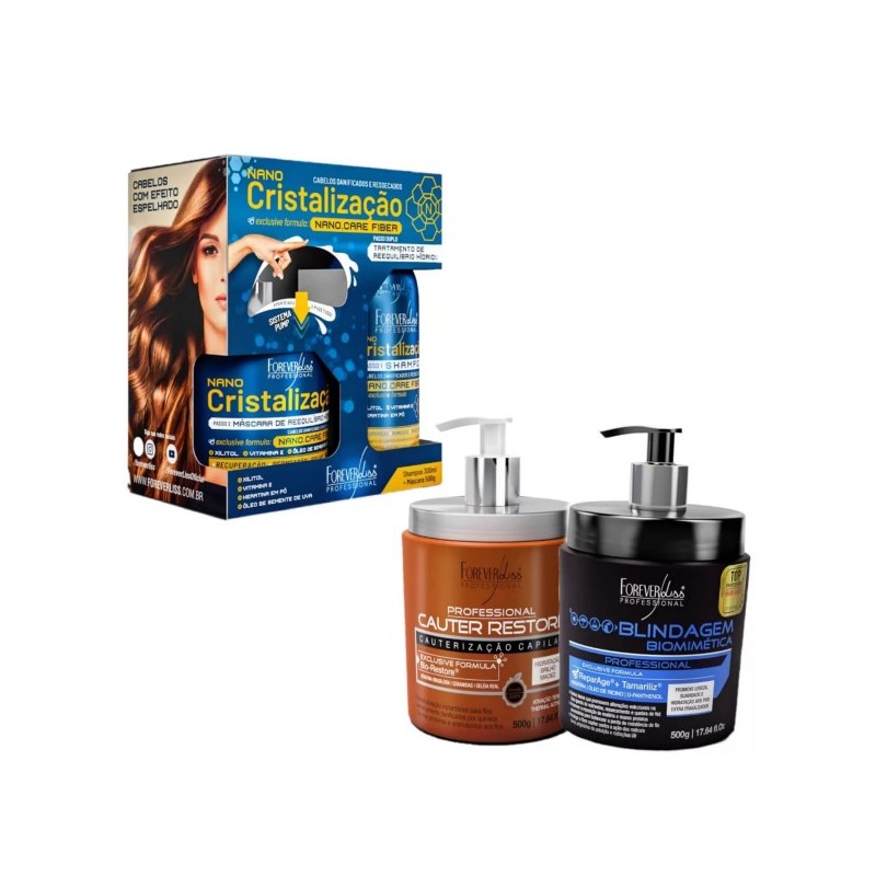 Kit Nano Cristalização + Blindagem 500g + Cauterização Capilar 500g - Forever Liss Beautecombeleza.com