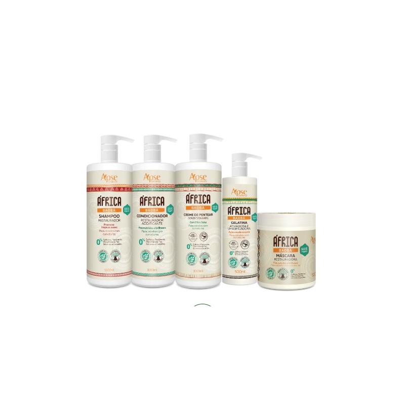Kitão África Baobá - Shampoo, Condicionador, Gelatina, Máscara e Creme de Pentear Kit 5 - Apse Cosmetics Beautecombeleza.com