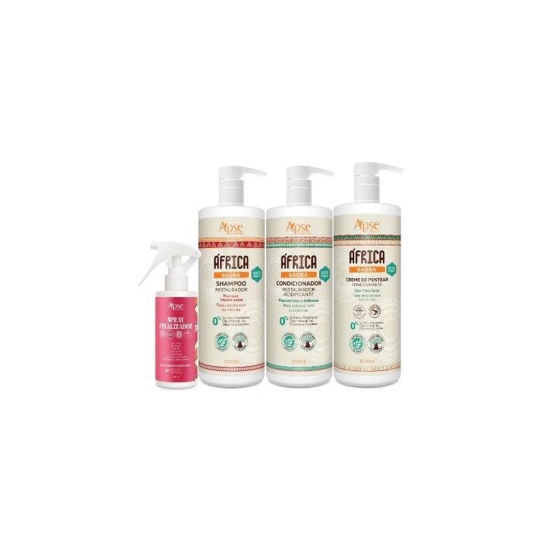 África Baobá - Shampoo, Condicionador, Creme de Pentear e Spray Finalizador Kit 4 - Apse Cosmetics 
 Beautecombeleza.com