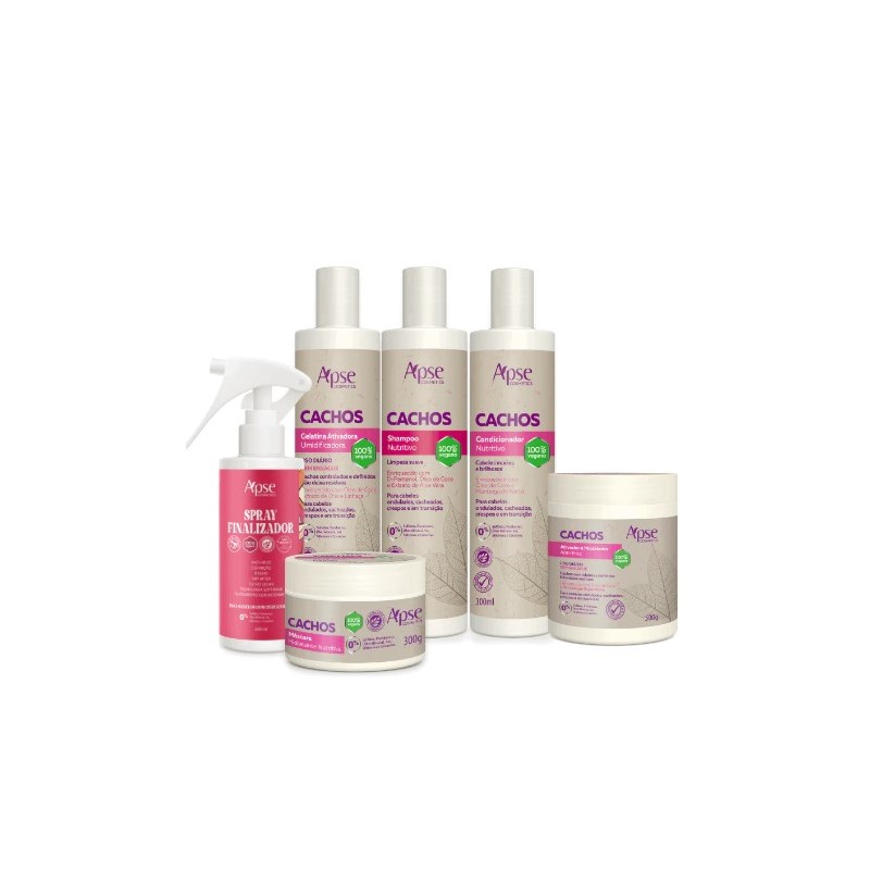 Cachos - Shampoo, Condicionador, Gelatina, Máscara, Ativador e Spray Finalizador Kit 6 - Apse Cosmetics Beautecombeleza.com