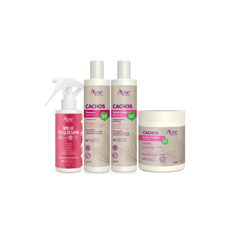 Cachos - Shampoo, Condicionador, Ativador e Modelador e Spray Finalizador Kit 4 - Apse Cosmetics Beautecombeleza.com