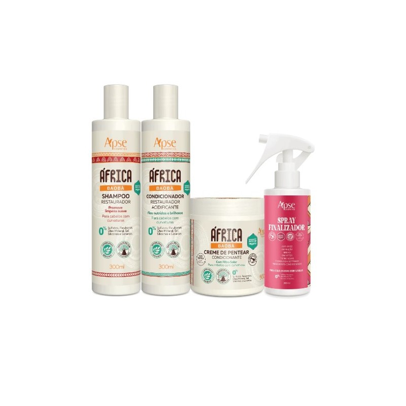 África Baobá - Shampoo, Condicionador, Creme de Pentear e Spray Finalizador Kit 4 - Apse Cosmetics Beautecombeleza.com