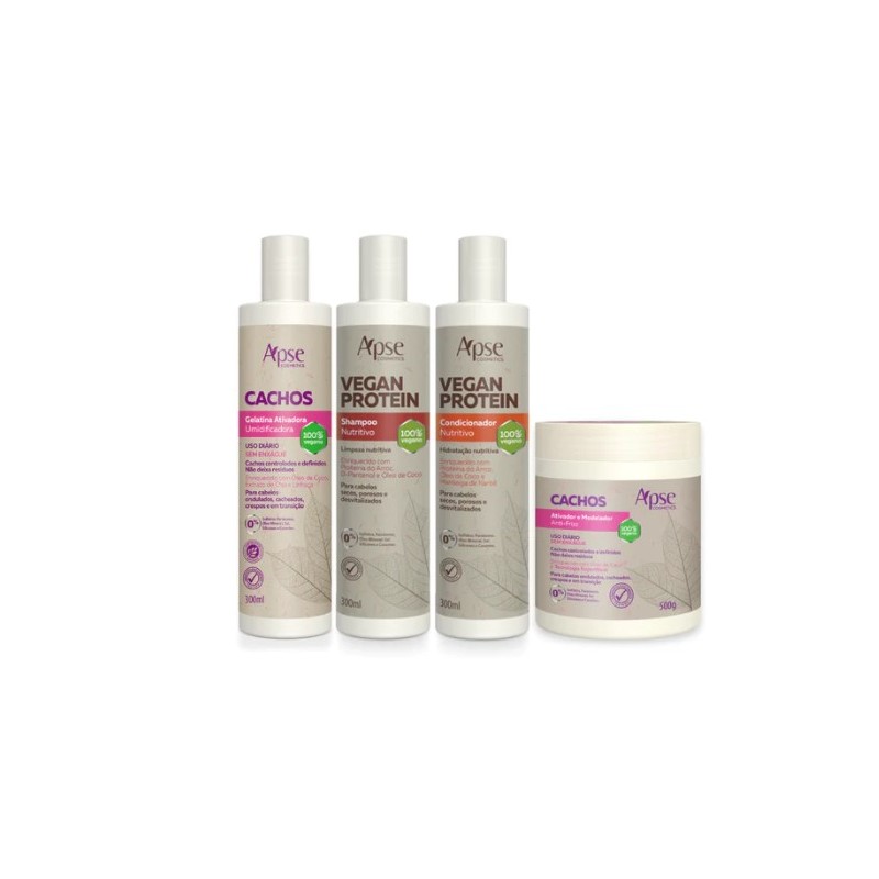 Vegan e Cachos - Shampoo, Condicionador, Gelatina e Ativador Kit 4 - Apse Cosmetics