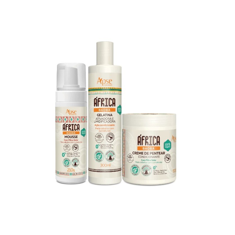 África Baobá Finalizadores - Creme de Pentear, Gelatina e Mousse Kit 3 - Apse Cosmetics  Beautecombeleza.com