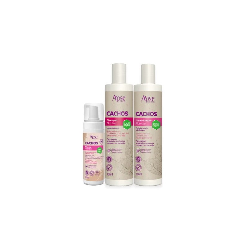 Cachos - Shampoo, Condicionador e Mousse Kit 3 - Apse Cosmetics Cachos - Shampoo, Condicionador e Mousse Kit 3 - Apse Cosmetics