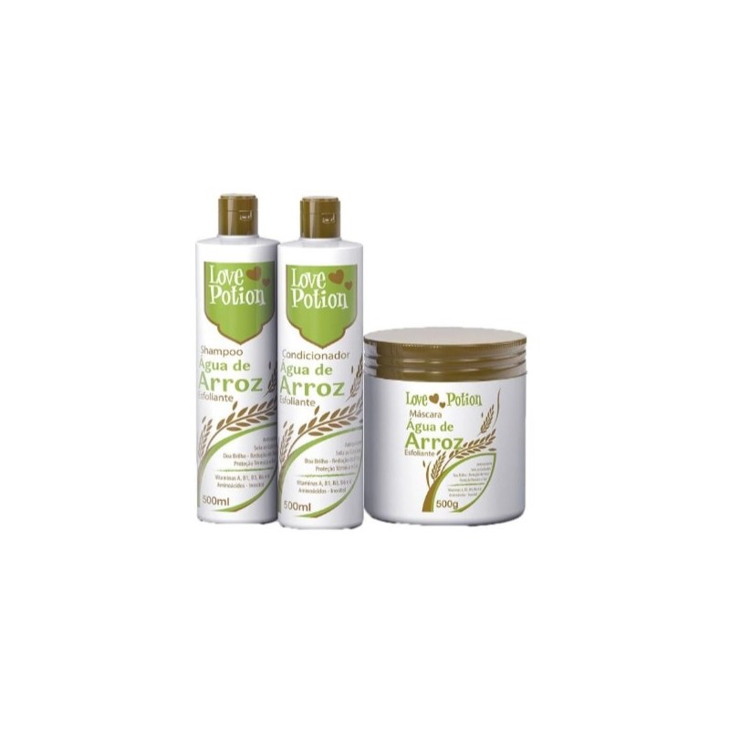Água de Arroz Rice Water Exfoliating Shine Hair Treatment Kit 3x500 - Love Potion Beautecombeleza.com