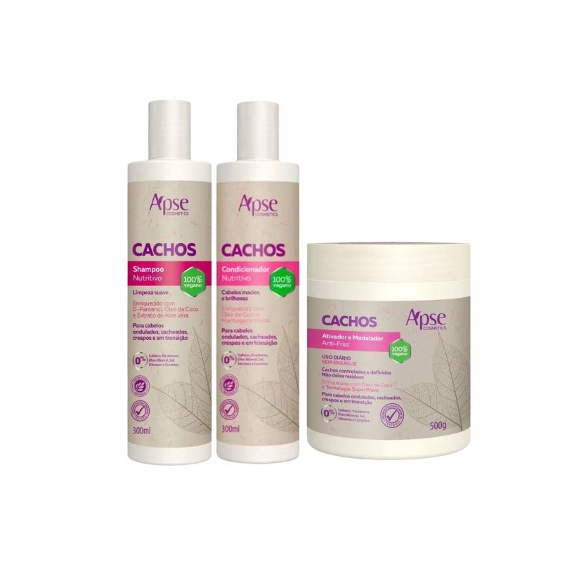 Cachos - Shampoo, Après-shampooing et Activateur de Boucles Kit 3 Itens - Apse Cosmetics Beautecombeleza.com